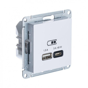 ATLASDESIGN USB РОЗЕТКА A + тип-C 45Вт высокоскор.заряд. QC, PD, механизм, БЕЛЫЙ ATN000129